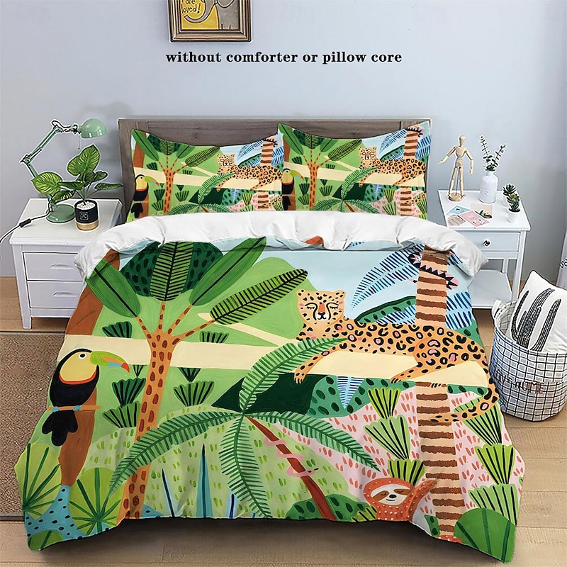 Tropical Rainforest Series 3-Piece Duvet Cover Set for Summer Soft Skin Friendly Long Lasting for Hotel Bedroom Guest Room Bedding Comfy Set