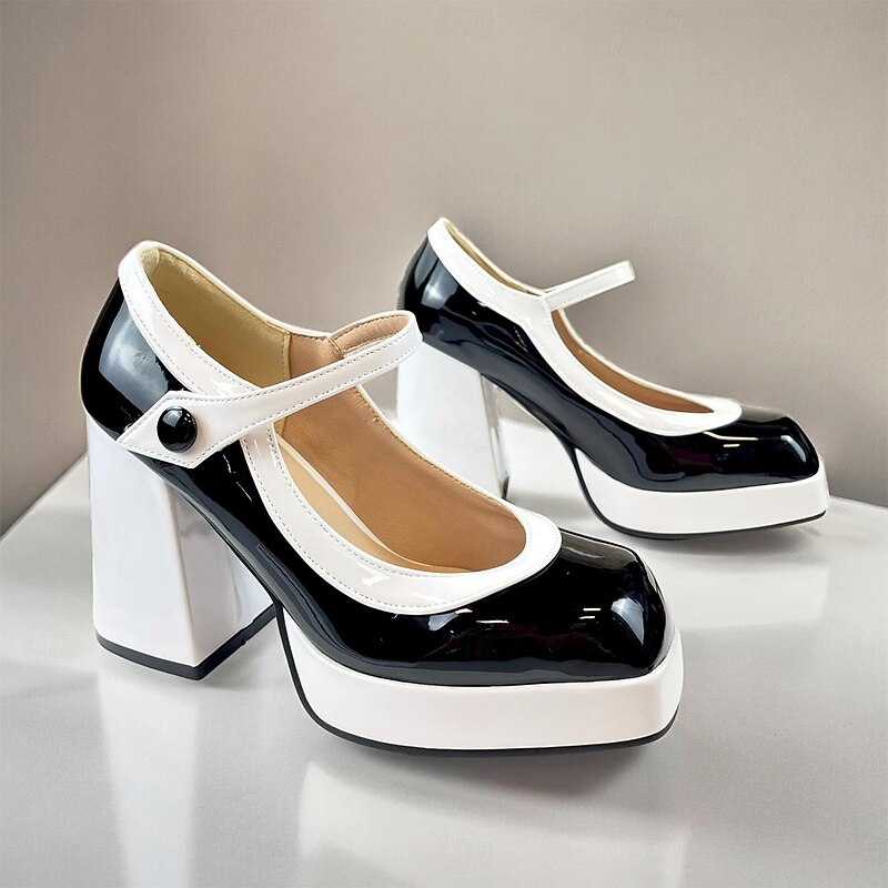 Women's Black and White Mary Jane Platform Pumps - Retro Chunky Heel Shoes for Party and Office Wear2