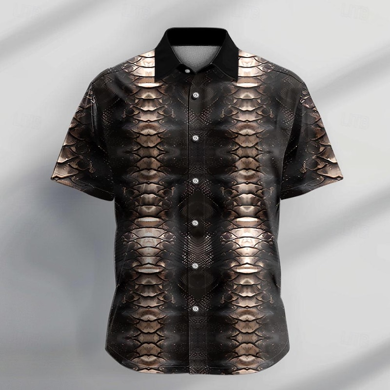 Men's Snake Skin Pattern Shirt Button Up Shirt Short Sleeve Casual Dark Vacation Daily Evening Party Summer Turndown Collared Shirts Buttons Print Black Brown