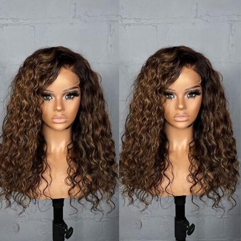 Remy Human Hair 13x4 Lace Front Wig Free Part Brazilian Hair Curly Water Wave Brown Wig 130% 150% Density with Baby Hair Highlighted / Balayage Hair Pre-Plucked For wigs for black women Long Human3