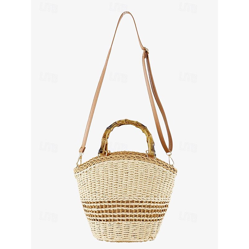 Chic Summer Straw Basket Bag with Bamboo Handle - Versatile Shoulder Strap Woven Purse for Women4