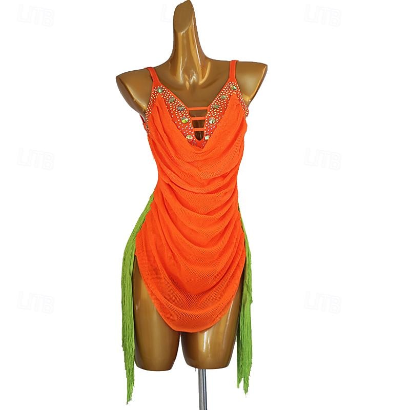 Latin Dance Dress Rhinestone Tassel Women's Performance Training Sleeveless High Spandex