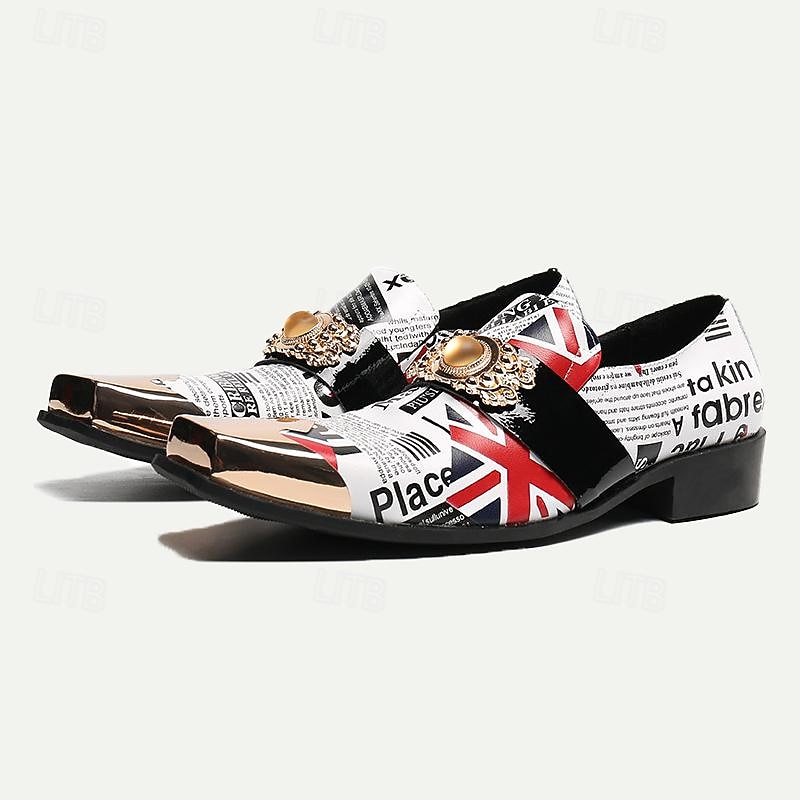 Men's Premium Cowhide Leather Punk Style Loafers - Union Jack and Newspaper Print Slip-On Shoes with Decorative Buckle and Gold Metal Toe Cap2