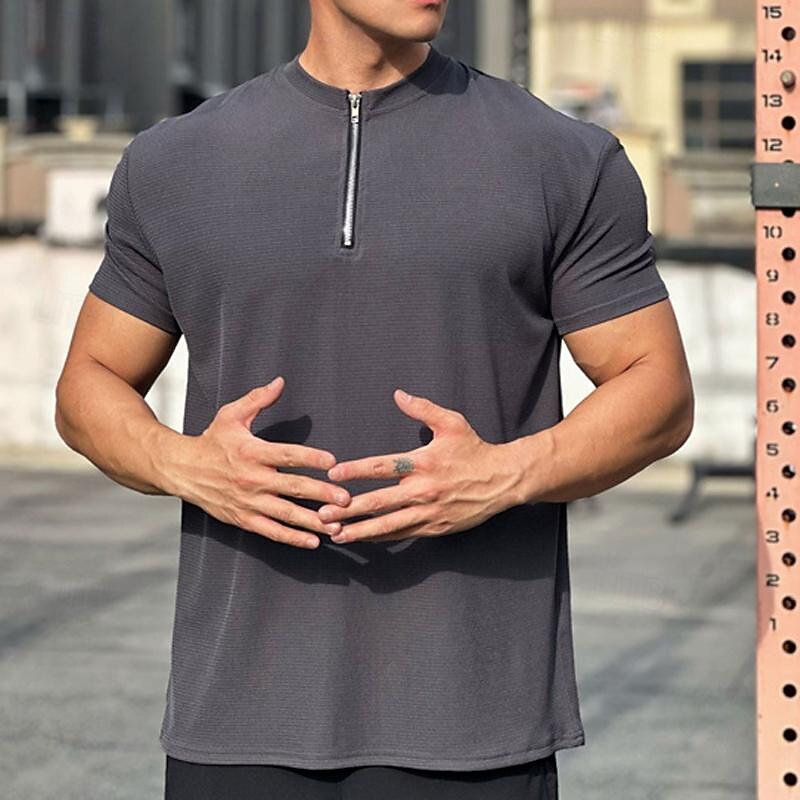 Men's Running T-Shirt Quarter Zip Short Sleeve Tee Tshirt Casual Athleisure Solid Colored Soft Breathable Gym Workout Walking Jogging Sportswear Activewear Dark Grey Black White4