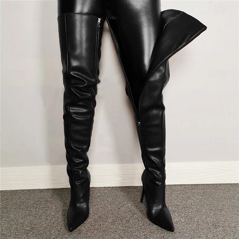Women's Black Over-the-Knee Faux Leather Boots - Sexy Pointed Toe Stiletto Heels for Night Out
