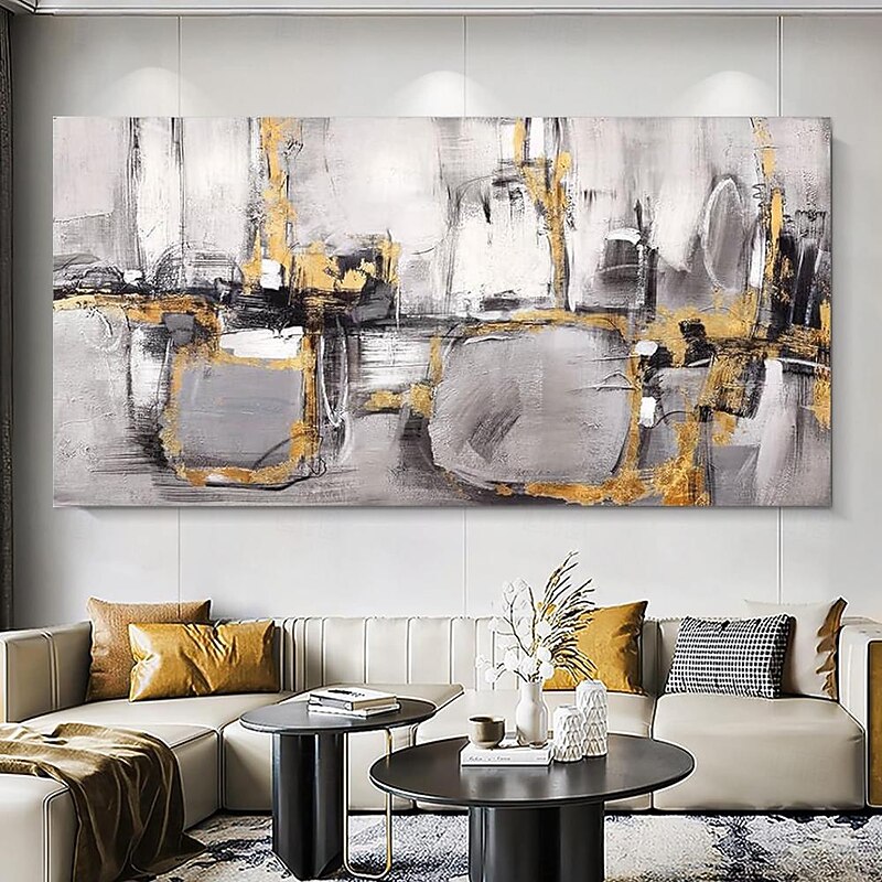 Handmade Oil Painting Canvas Wall Art Decoration Modern Abstract Texture Black White and Gold for Living Room Home Decor Rolled Frameless Unstretched Painting - Main Image