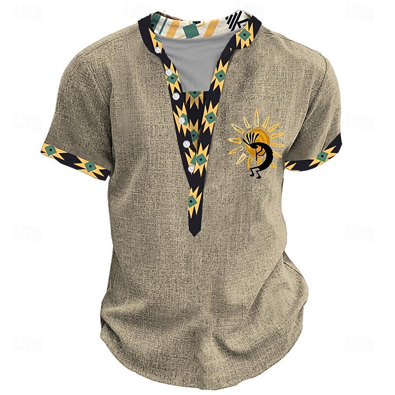 Tribal Kokopelli Bandana Print Men's Ethnic 3D Print T shirt Tee Henley Shirt Casual Daily Holiday T shirt Yellow Green Khaki Short Sleeve Henley Shirt Summer Spring Clothing Apparel