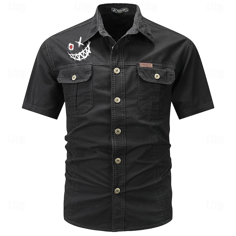Men's Smile Face Work Shirt Western Shirt Cargo Shirt Short Sleeve Casual Tactical Going out Summer Spring Autumn Turndown Buttons Print Black Green Dark Blue Beige Gray2