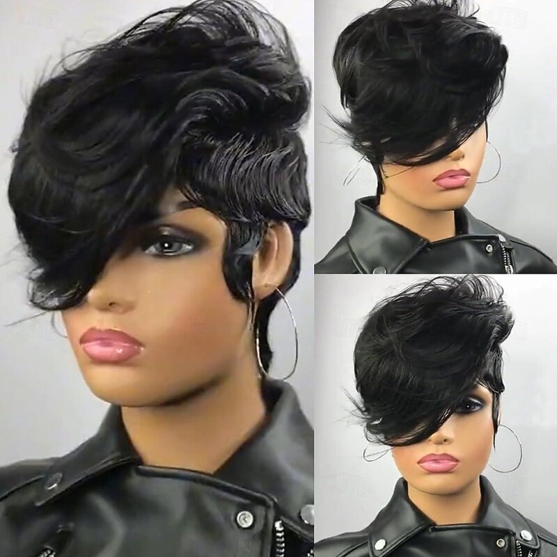 Pixie Cut Wigs for Black Women Human Hair Glueless Bob Wig Short Human Hair Wig Layered None Lace Front Wig with Bangs4