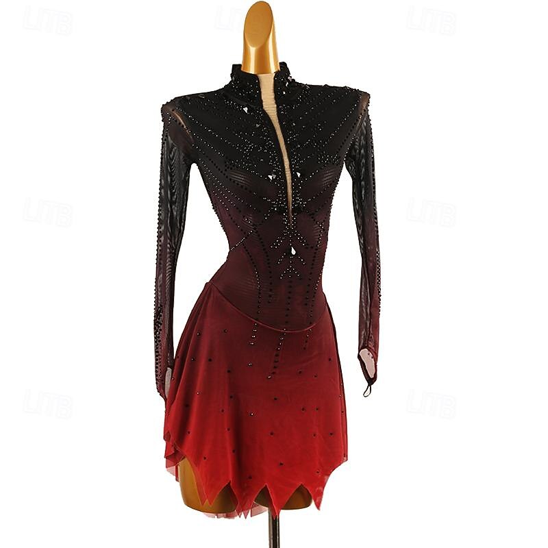 Figure Skating Dress Women's Girls' Ice Skating Dress Red Patchwork Halo Dyeing Mesh Spandex High Elasticity Training Practice Professional Skating Wear Classic Crystal / Rhinestone Long Sleeve Ice2