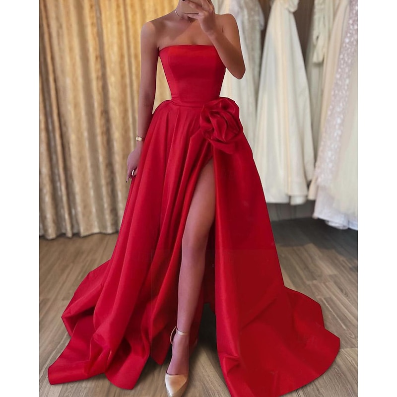 A-Line Evening Gown Elegant Dress Carnival Formal Floor Length Sleeveless Strapless Satin with Appliques2