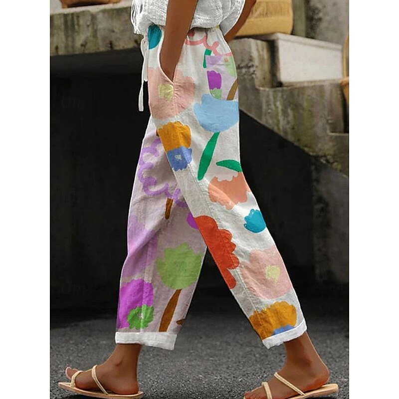 Women's Pants Trousers Straight Streetwear Casual Long High Waist Heart Floral Leaf Pocket Printing Elastic Drawstring Design Breathability Soft Micro-elastic Vacation Street Daily Wear White Red