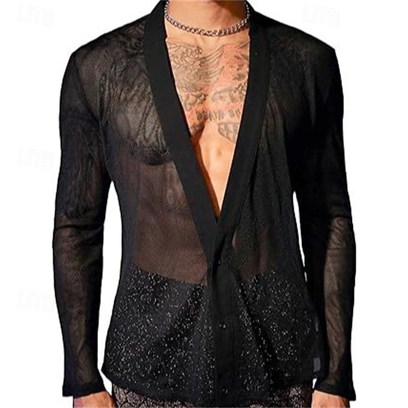 Men's Shirt Summer Shirt Mesh Shirt Sheer Shirt Sheer Blouse Black Long Sleeve Plain V Neck Hawaiian Holiday Mesh Clothing Apparel Fashion Casual Comfortable3