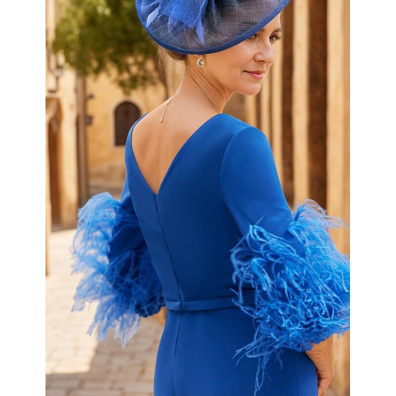Sheath Mother of the Bride Dress Wedding Guest Elegant V Neck Ankle Length Stretch Fabric Half Sleeve with Feather Race Day Dress3