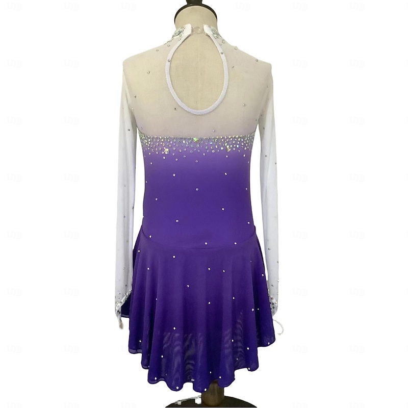 Figure Skating Dress Women's Girls' Ice Skating Dress Purple Patchwork Thumbhole Mesh Spandex Stretchy Training Practice Professional Skating Wear Thermal Warm Classic Crystal / Rhinestone Long Sleeve2