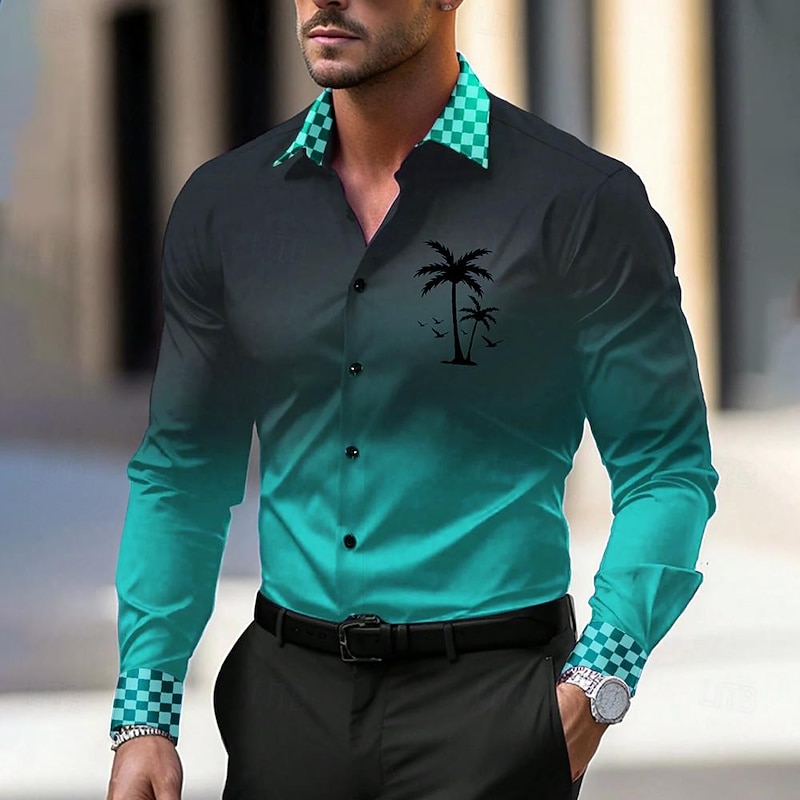 Men's Dress Shirt Printed Shirts Formal Blue Green Long Sleeve Turndown Fall Winter Clothing Apparel Buttons