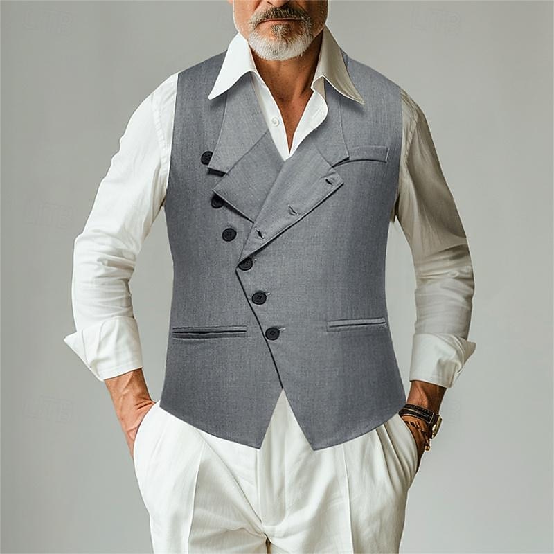 Men's Vest Gilet Wedding Event / Party Daily Fashion Business Spring & Summer Button Pocket Polyester Comfortable Plain Single Breasted One-button Lapel Regular Fit Black Gray Vest
