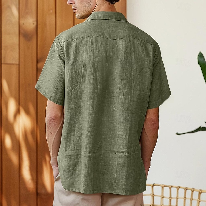 Men's Shirt Linen Shirt Cuban Collar Shirt Black Blue Brown Green Short Sleeve Solid Color Spring & Summer Street Daily Clothing Apparel2