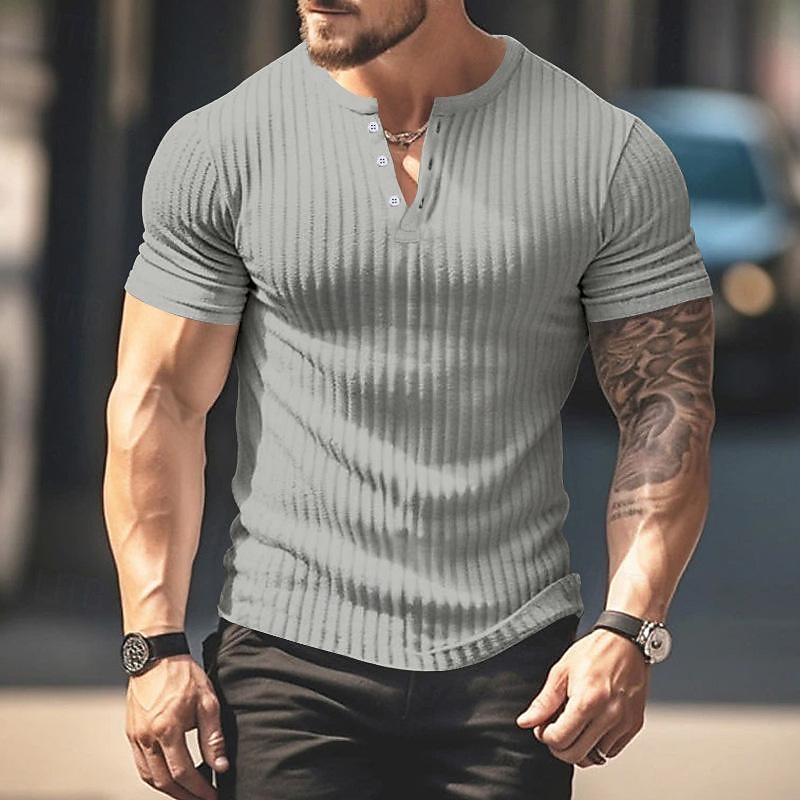 Men's Button T Shirt T Shirt Henley Shirt Tee Short Sleeve Henley Spring & Summer Plain Pit Strip Fashion Designer Basic Vacation Street Going out Wine Black White Top Tee for Men 17