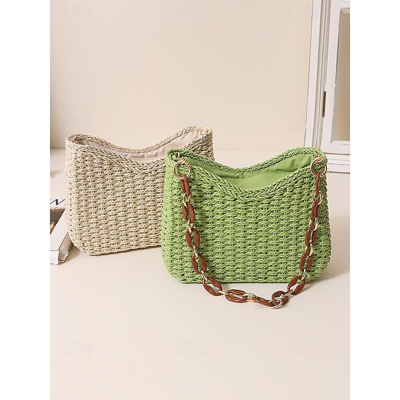 Boho Chic Women's Woven Rattan Shoulder Bag with Stylish Acrylic Chain