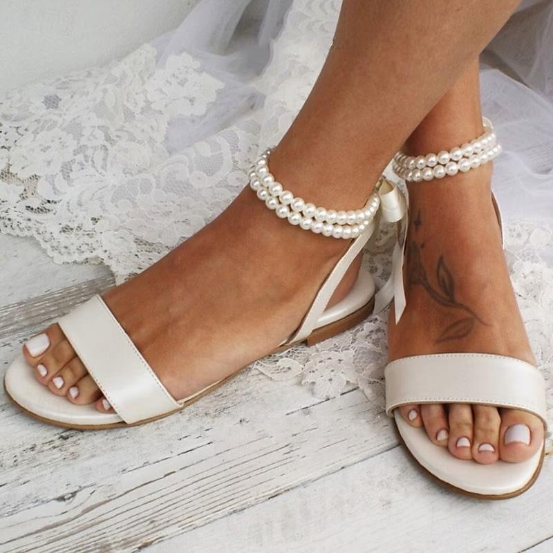 Women's White Flat Sandals – Pearl Ankle Strap with Ribbon Tie, Elegant Bridal Shoes for Weddings and Special Occasions3