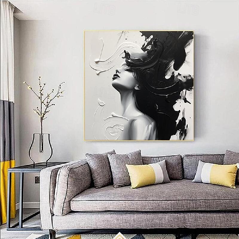 Large Black And White firgure oil painting handmade Wall Art Corridor Art oil painting Large Abstract Wall Art Canvas Black And White face Oil Painting Modern Handmade pattle knife face Oil Painting4