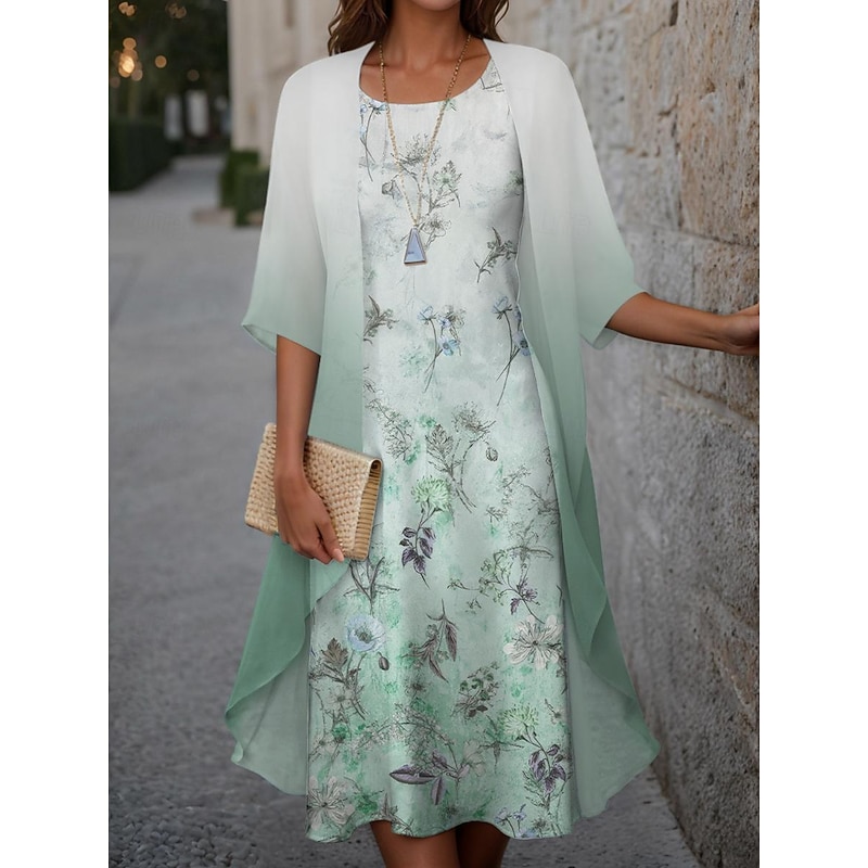 Women's Graduation Dress Midi Dress Wedding Guest Cocktail Dress Chiffon Holiday Fashion Modern Print Casual Elegant Two Piece Dress Set Crew Neck Half Sleeve Floral Loose Fit Pink Spring3