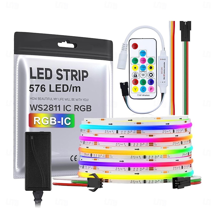 Waterproof RGB COB Strip Light 16ft 5M Smart IC Flexible DC24V LED Tape Light WS2811 Addressable RGB with RF Controller or WIFI Controller Suitable Party Home Office DIY Lighting Projects2