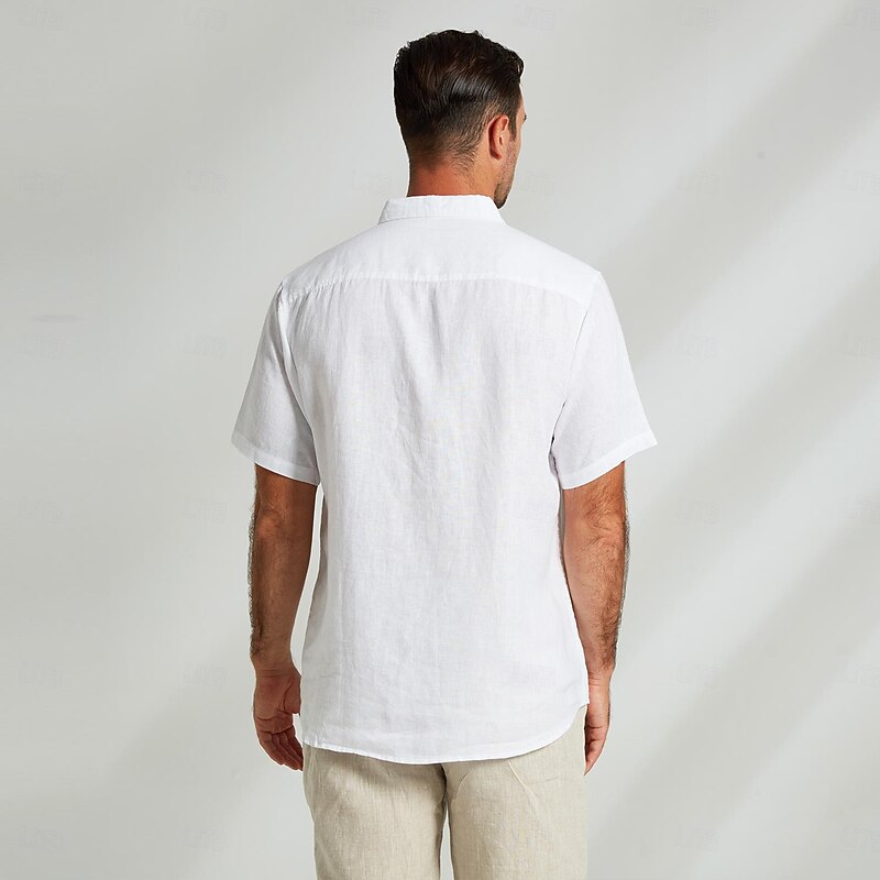 Men's 100% Linen Shirt Casual Shirt Button Down Shirt White Short Sleeve Solid Color Turndown Outdoor Button Clothing Apparel Vacation Daily4
