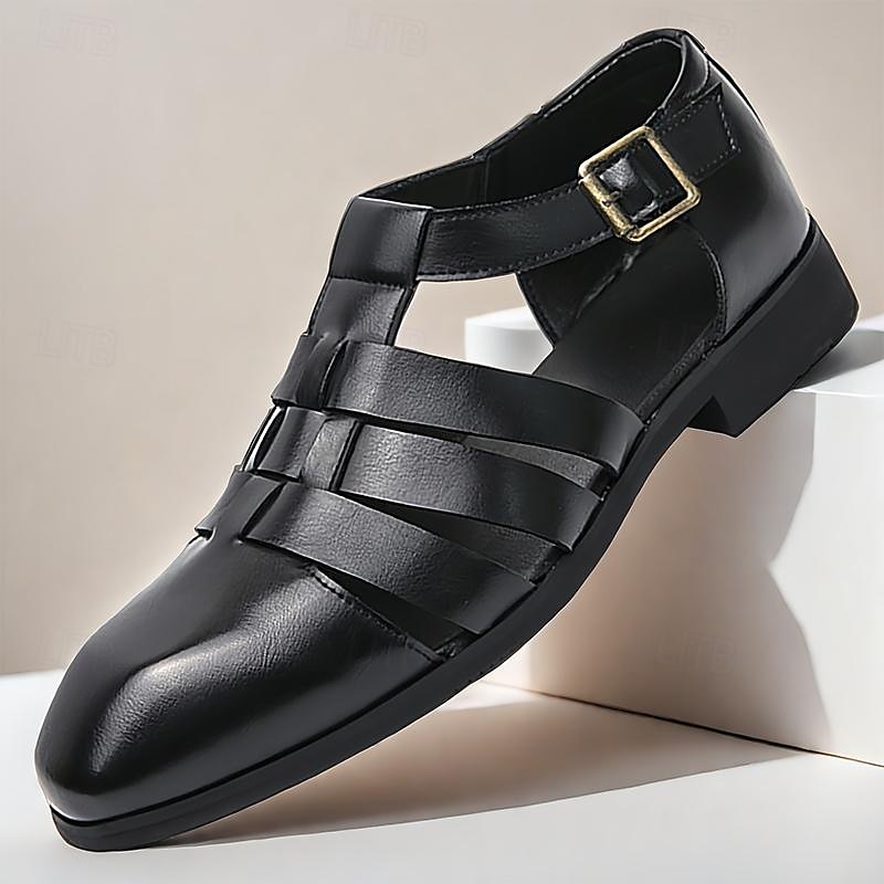 Men's Black Leather Fisherman Sandals - Stylish Buckle Strap Closed-Toe Shoes for Formal and Casual Wear