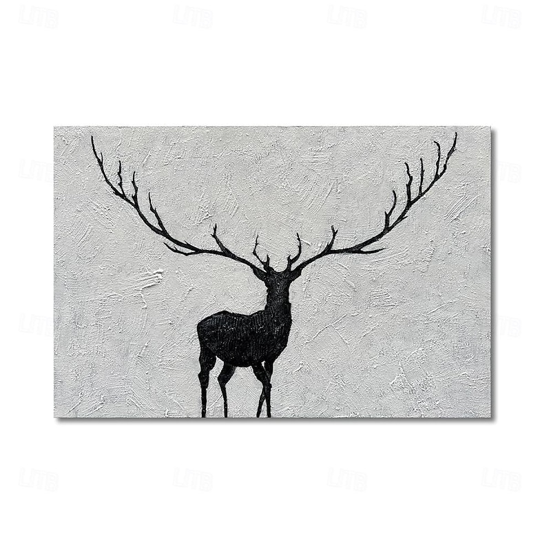 Handmade Oil Painting Canvas Wall Art Decoration Black and White Simple Abstract Texture Animal Sika Deer for Home Decor Rolled Frameless Unstretched Painting2