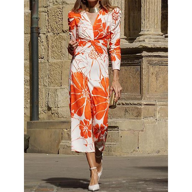 Women's Formal Dress Floral Print V Neck Midi Dress Stylish Formal Wedding Party 3/4 Length Sleeve Summer