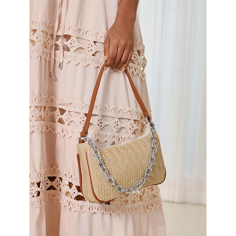 Chic Straw Woven Shoulder Bag with Leather Trim and Silver Chain - Elegant Accessory for Women2
