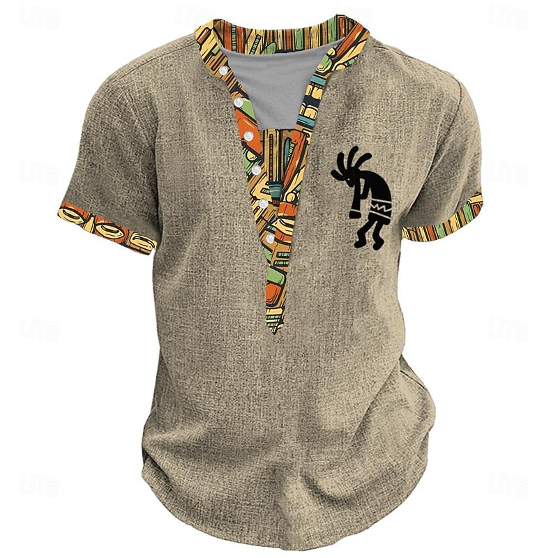 Kokopelli Tribal Bandana Print Men's Ethnic 3D Print T shirt Tee Henley Shirt Casual Daily Holiday T shirt Yellow Green Khaki Short Sleeve Henley Shirt Summer Spring Clothing Apparel S M L XL XXL 3XL4
