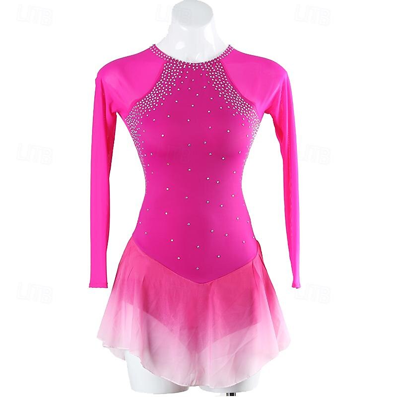 Figure Skating Dress Women's Girls' Ice Skating Dress Rose Red Patchwork Open Back Mesh Spandex High Elasticity Training Practice Professional Skating Wear Classic Crystal / Rhinestone Long Sleeve2