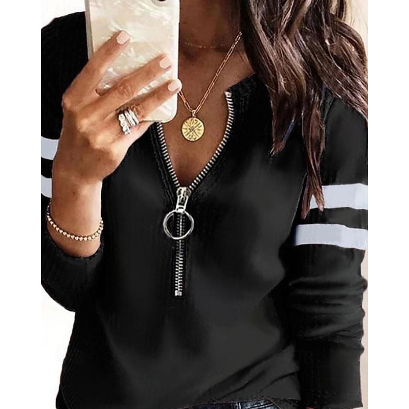 Women's T shirt Long Sleeve Quarter Zip Long Sleeve Casual Zip Up Sweatshirt Sweatshirt Pullover Sports Basic Textured Waffle Street V Neck Half Zip Black White Red Blue Gray Fall & Winter Prefall2