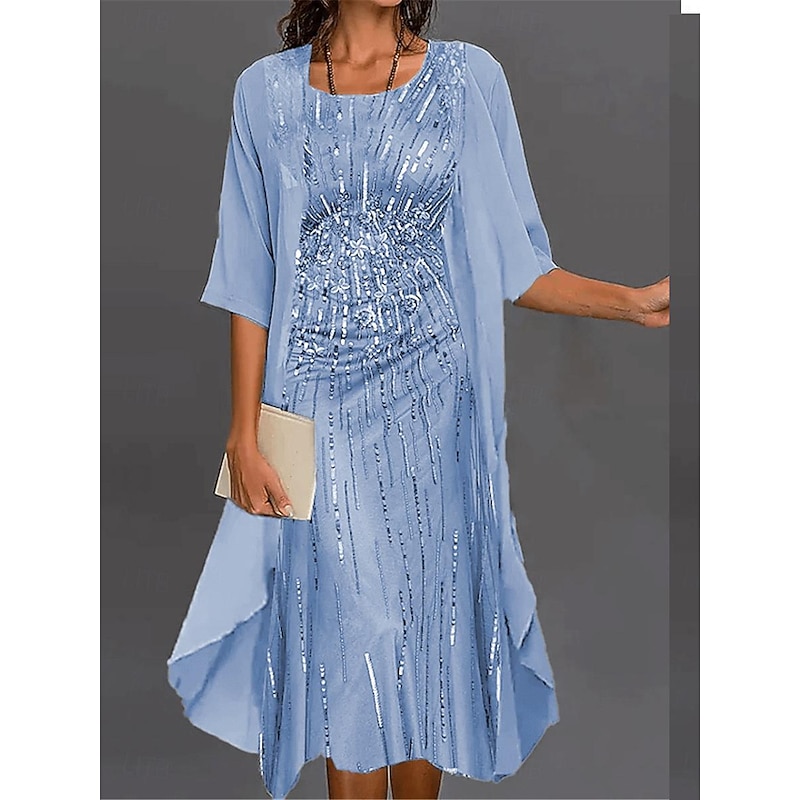 Women's Dress Set Chiffon Dress Tulle Dress Formal Geometric Print Midi Dress Half Sleeve Crew Neck Party Wedding Guest Pink Blue Green Summer Fall Regular Fit2