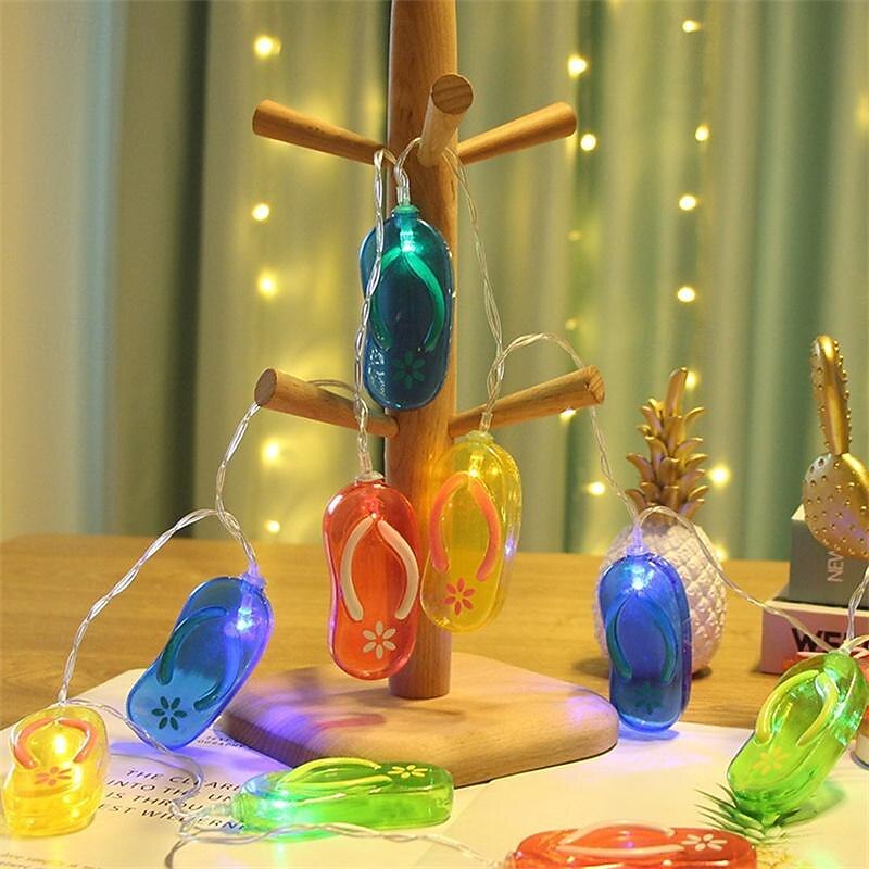 Multicolor String Lights, Summer Beach Flip Flop Themed Slipper String Lights, Battery Operated Summer Fruit String Lights - Watermelon & Pineapple Design Indoor Decoration Lights Perfect for Parties Patio and Garden Decor LED Festive String Lights