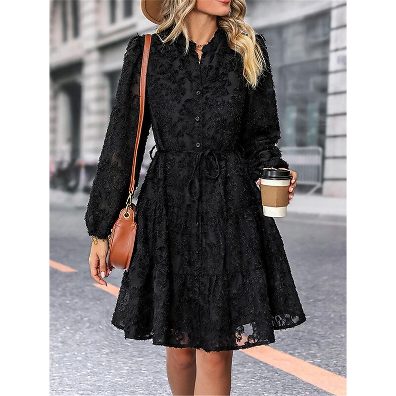 Women's Lace Dress Mini Dress Belted Formal Stand Collar Long Sleeve Black Wine Navy Blue Color2