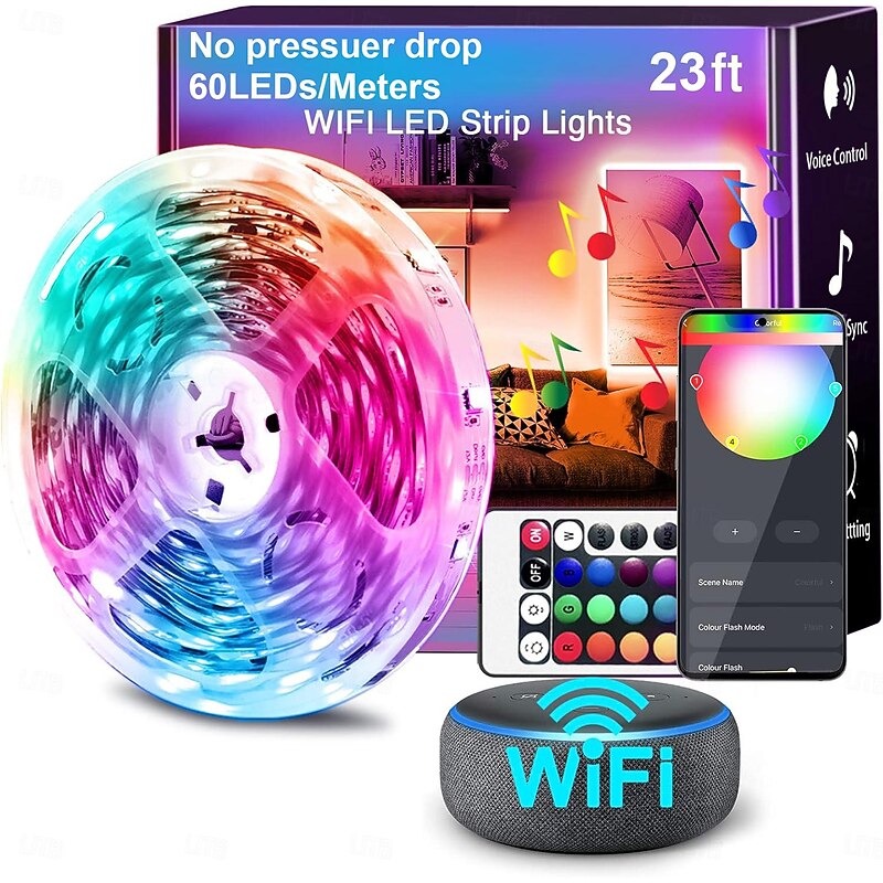 RGB LED Strip Lights Kit, High Brightness 7m 3.5m Strip Lights without Voltage Drop, Samrt WIFI or Bluetooth Controller Music Synchronization Control APP Control Suitable for Family Atmosphere Festivals Music Party2