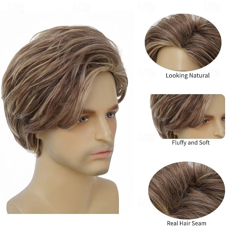 Men Wig Short Blonde Brown Layered Natural Synthetic Hair Full Wigs for Male Guy Daily Party Wear (Brown Blonde)3