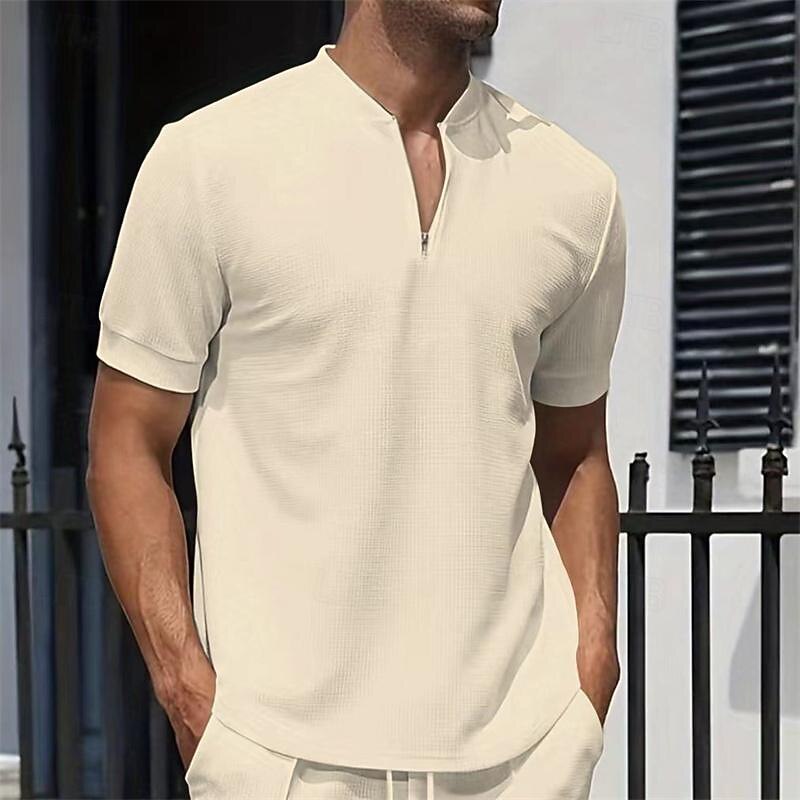 Men's Waffle Polo Shirt Quarter Zip Polo Daily Holiday Quarter Zip Short Sleeve Fashion Basic Plain Spring & Summer Regular Fit Black White Royal Blue Light Grey Apricot Waffle Polo Shirt2