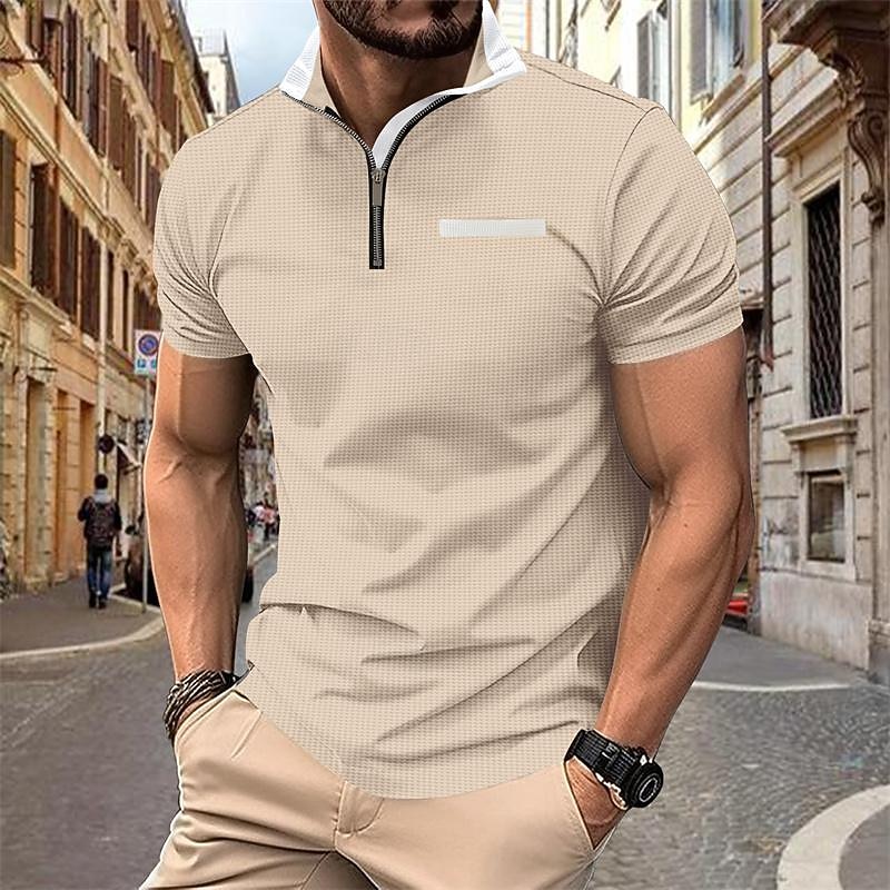 Men's Waffle Polo Shirt Quarter Zip Polo Daily Holiday Quarter Zip Short Sleeve Fashion Basic Color Block Spring & Summer Regular Fit Black White Red Navy Blue Khaki Light Grey Waffle Polo Shirt2