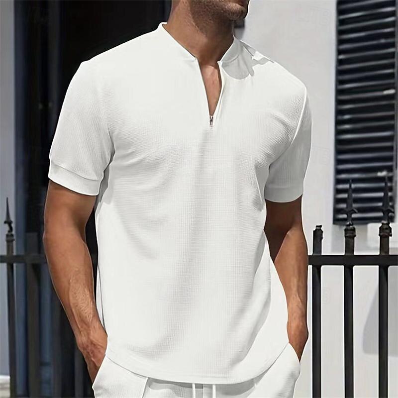 Men's Waffle Polo Shirt Quarter Zip Polo Daily Holiday Quarter Zip Short Sleeve Fashion Basic Plain Spring & Summer Regular Fit Black White Royal Blue Light Grey Apricot Waffle Polo Shirt