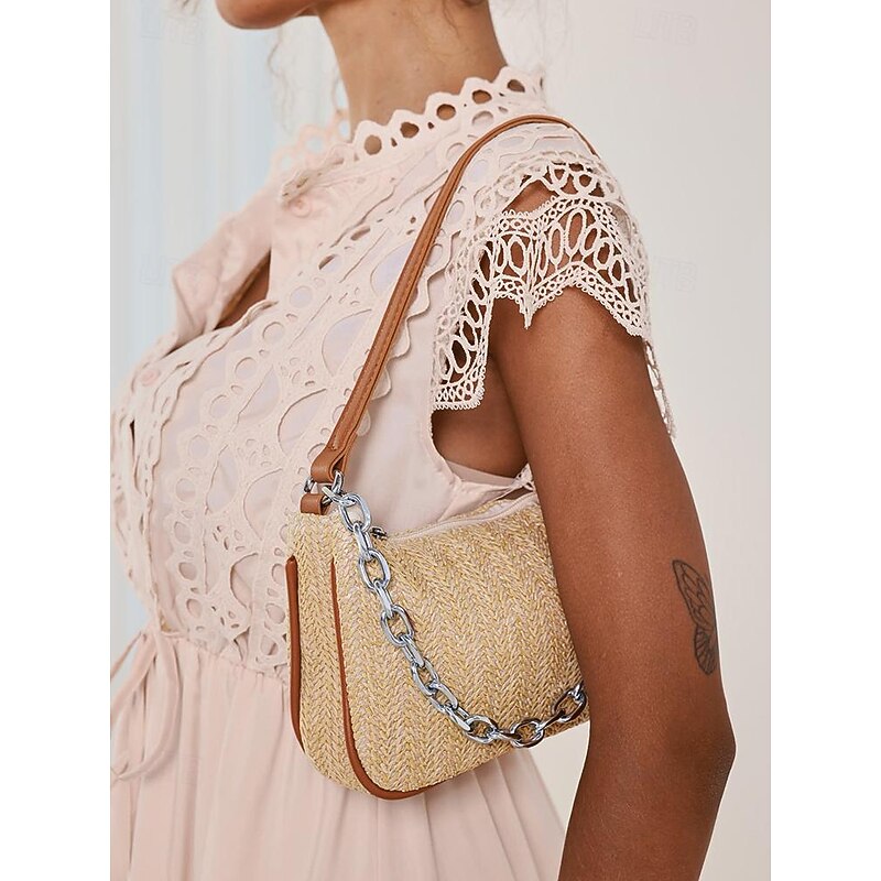 Chic Straw Woven Shoulder Bag with Leather Trim and Silver Chain - Elegant Accessory for Women3