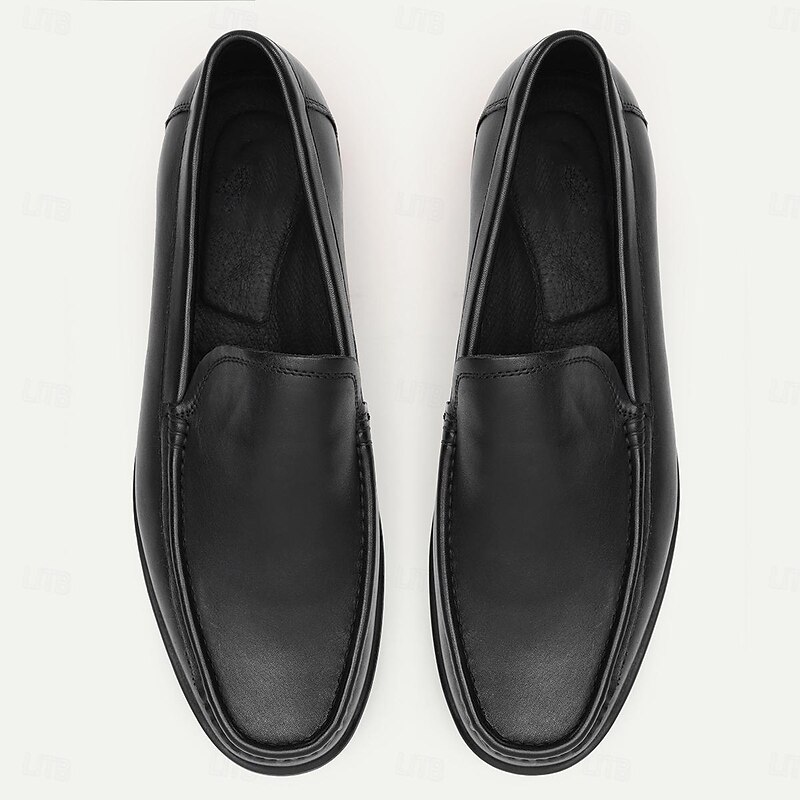 Men's Premium Cowhide Leather Loafers - Classic Black Slip-On Dress Shoes for Business and Formal Wear4