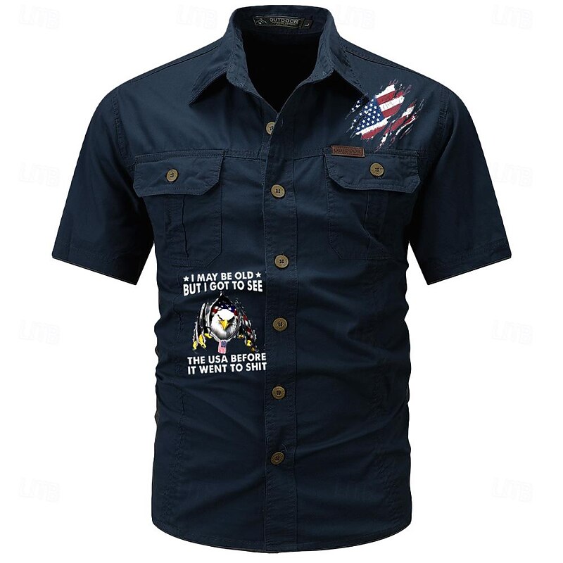 Men's Flag American US Flag Letter Printed Work Shirt Western Shirt Cargo Shirt Short Sleeve Western Style Tactical Fashion Casual Going out Summer Turndown Buttons Print Black Army Green Khaki Dark2