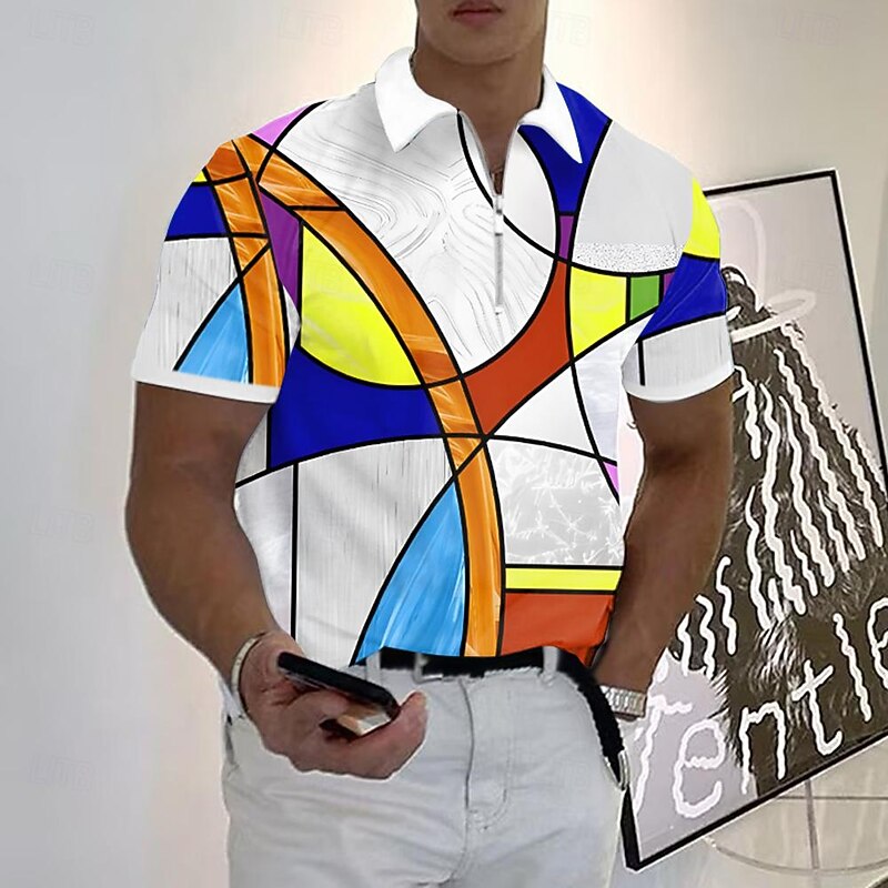 Men's Graphic Zip Polo Shirts Golf Shirt Short Sleeve Polo Shirts Collared Shirts Casual Vacation Wear Rave Wear Party Outfits 3D Print Quarter Zip Polo Summer Spring White
