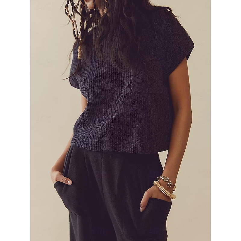 Women's Sweater Vest Elegant Casual Solid Color Ribbed Turtleneck Pocket Short Sleeves Regular Tops Knit Work Black Army Green Summer4