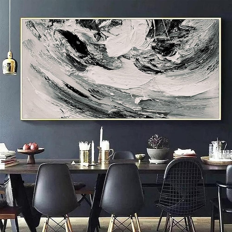 Handmade Oil Painting Canvas Wall Art Decoration Modern Simple Abstract Texture Black White for Living Room Home Decor Rolled Frameless Unstretched Painting